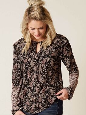 Lucky Brand Raw Edge Ruffle Floral Blouse 2XL Woodblock Boho Keyhole Top